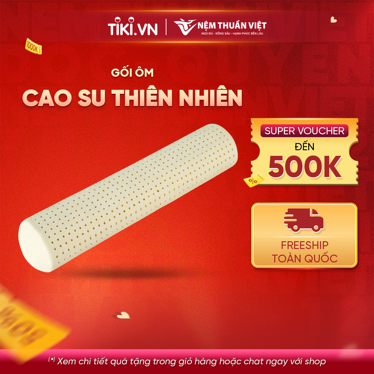 Gối Ôm Cao Su Thiên Nhiên Thuần Việt - Siêu Êm Ái, Kháng Khuẩn, Kháng Nấm Mốc - KT 20x100cm