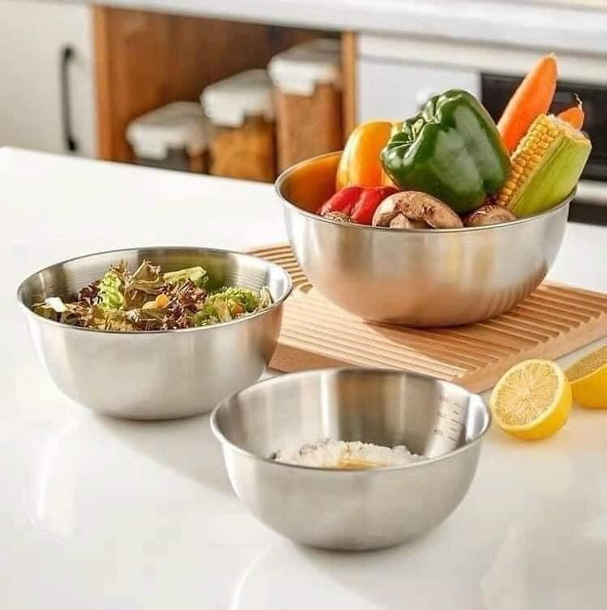 Set 3 Tô Inox Trộn Bột, Salat, Làm Bánh Size 17-19.5-24cm, Có vạch Chia định lượng