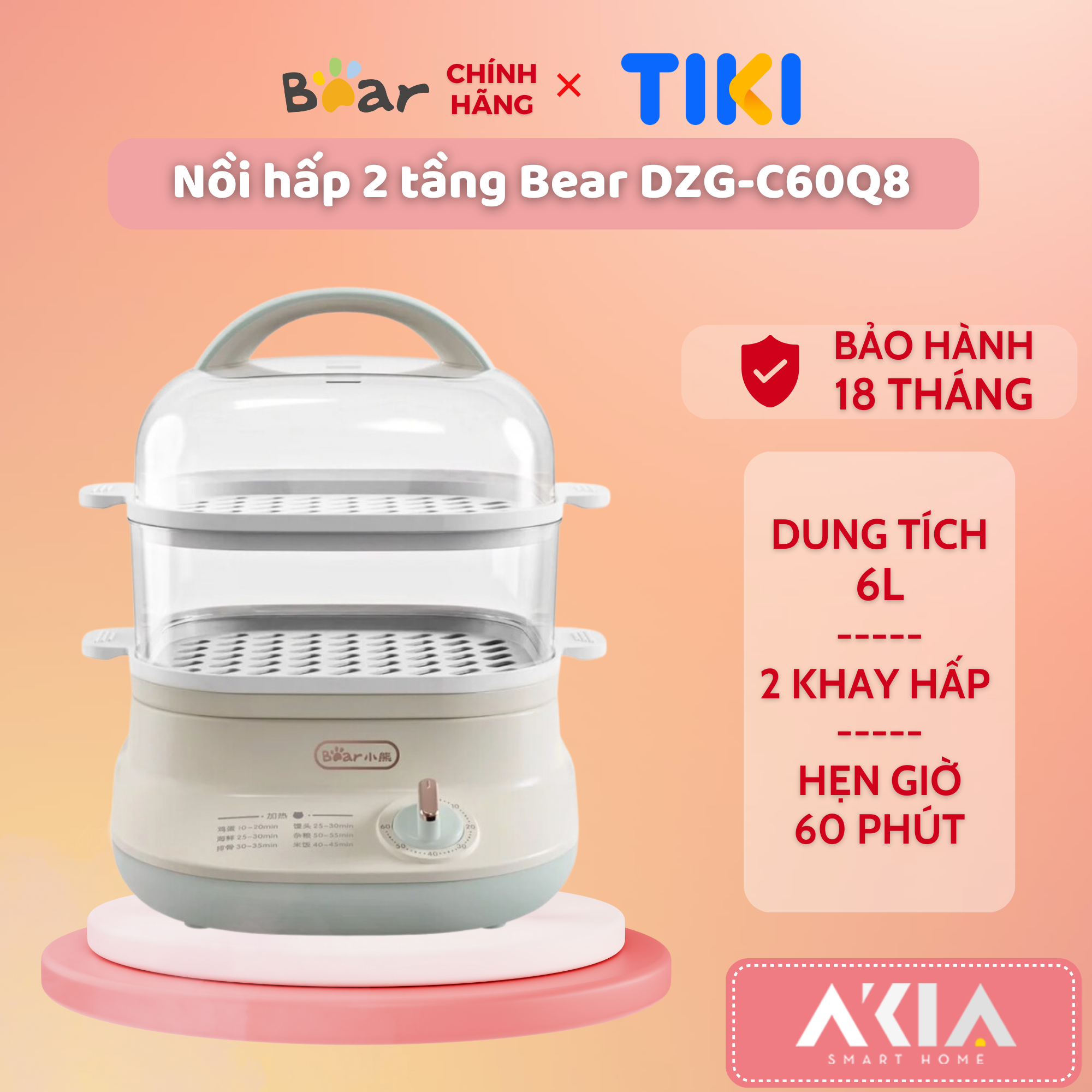 Nồi hấp thức ăn 2 tầng Bear DZG-C60Q8, thiết kế trong suốt, 2 khay hấp, dung tích 6L, hẹn giờ 60 phút, BH 18 tháng - HÀNG CHÍNH HÃNG