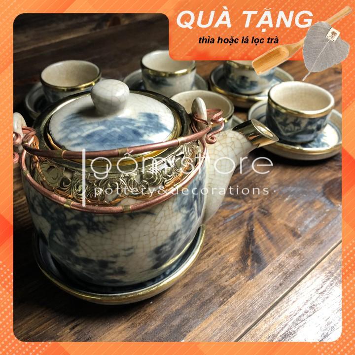Ấm chén Bát Tràng men rạn giả cổ dáng vại bọc đồng, tặng kèm muỗng gỗ pha trà