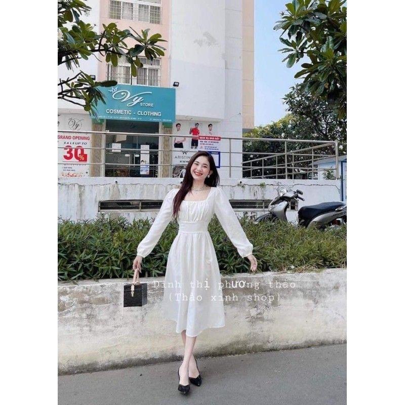 Đầm Nữ Cổ Vuông Nơ Lưng Váy Trắng Dài Tay Q057
