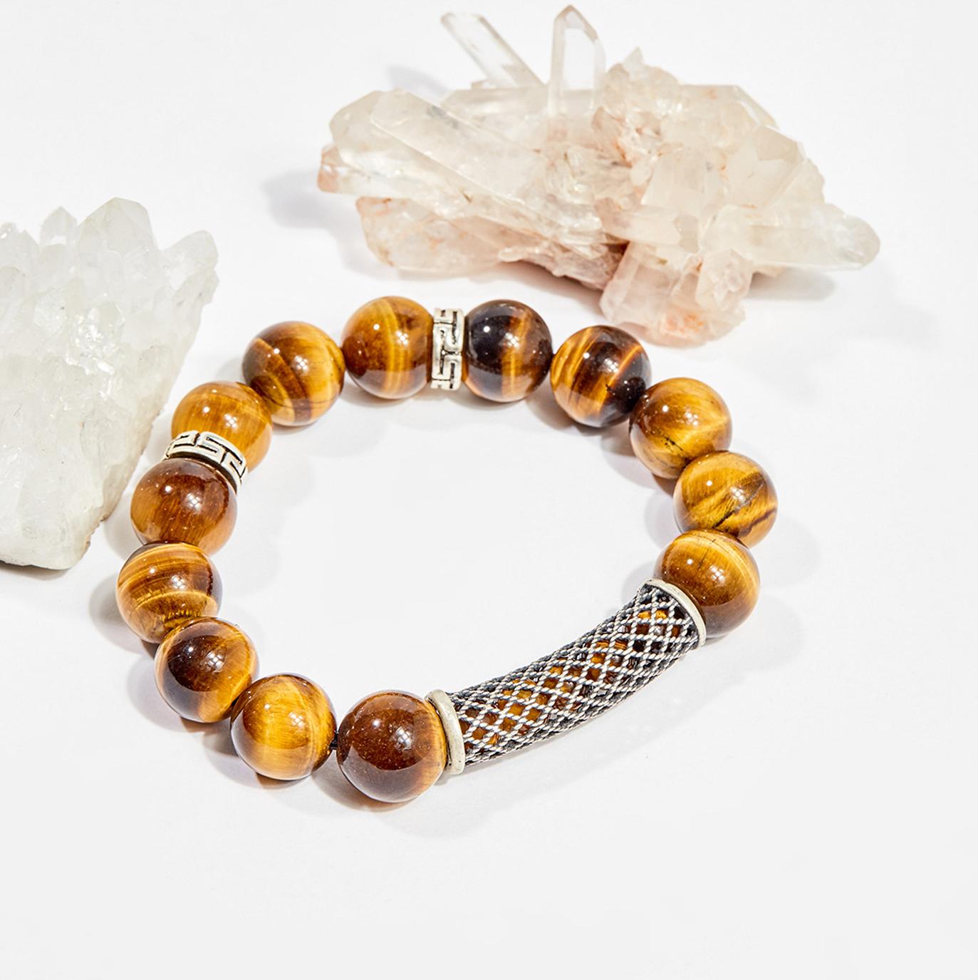 Vòng tay phong thủy đá mắt hổ vàng nâu charm bạc 12mm mệnh thổ , kim - Ngọc Quý Gemstones