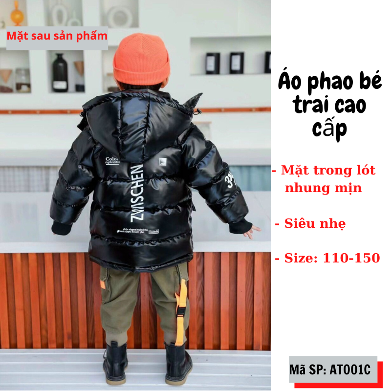 Áo khoác phao bé trai lót nhung cao cấp màu đen Mixi Kids AT001C