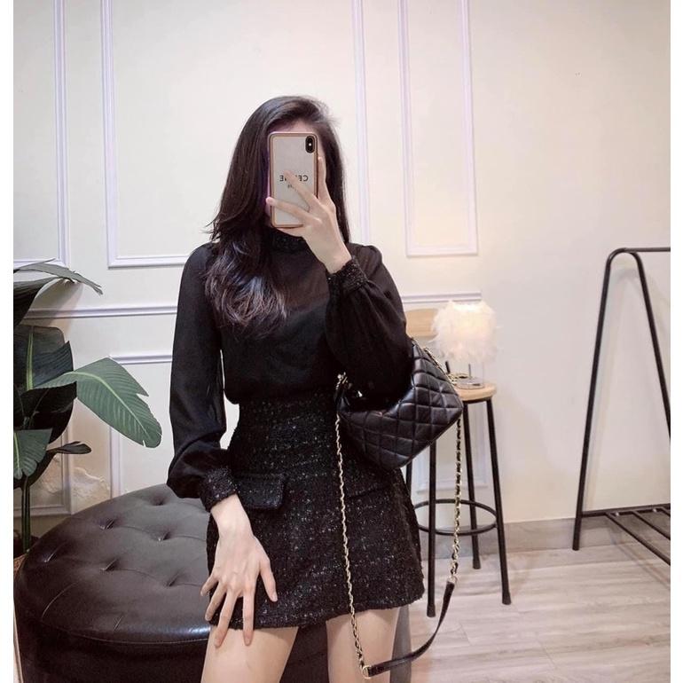 Sét Áo Voan Đen Mix Chân Váy Dạ Siêu Xinh Có Ảnh Thật Kèm Video