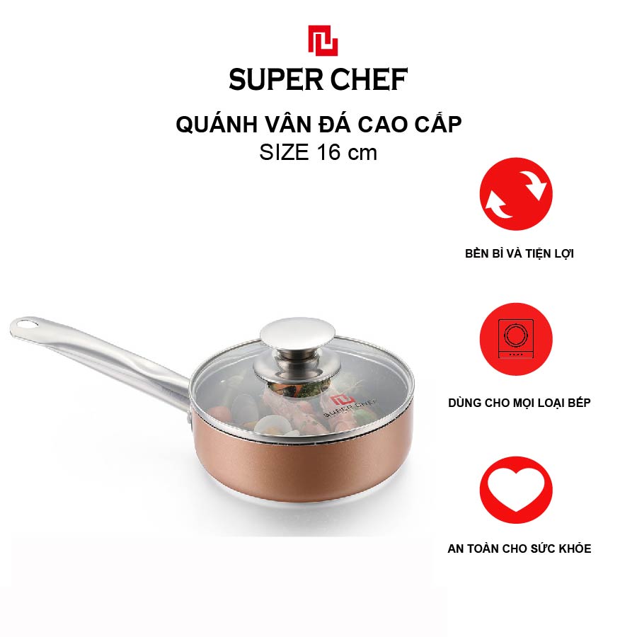 Nồi Vân Đá Chống Dính Đáy Từ Super Chef 16cm Siêu Bền Kèm Nắp Kính