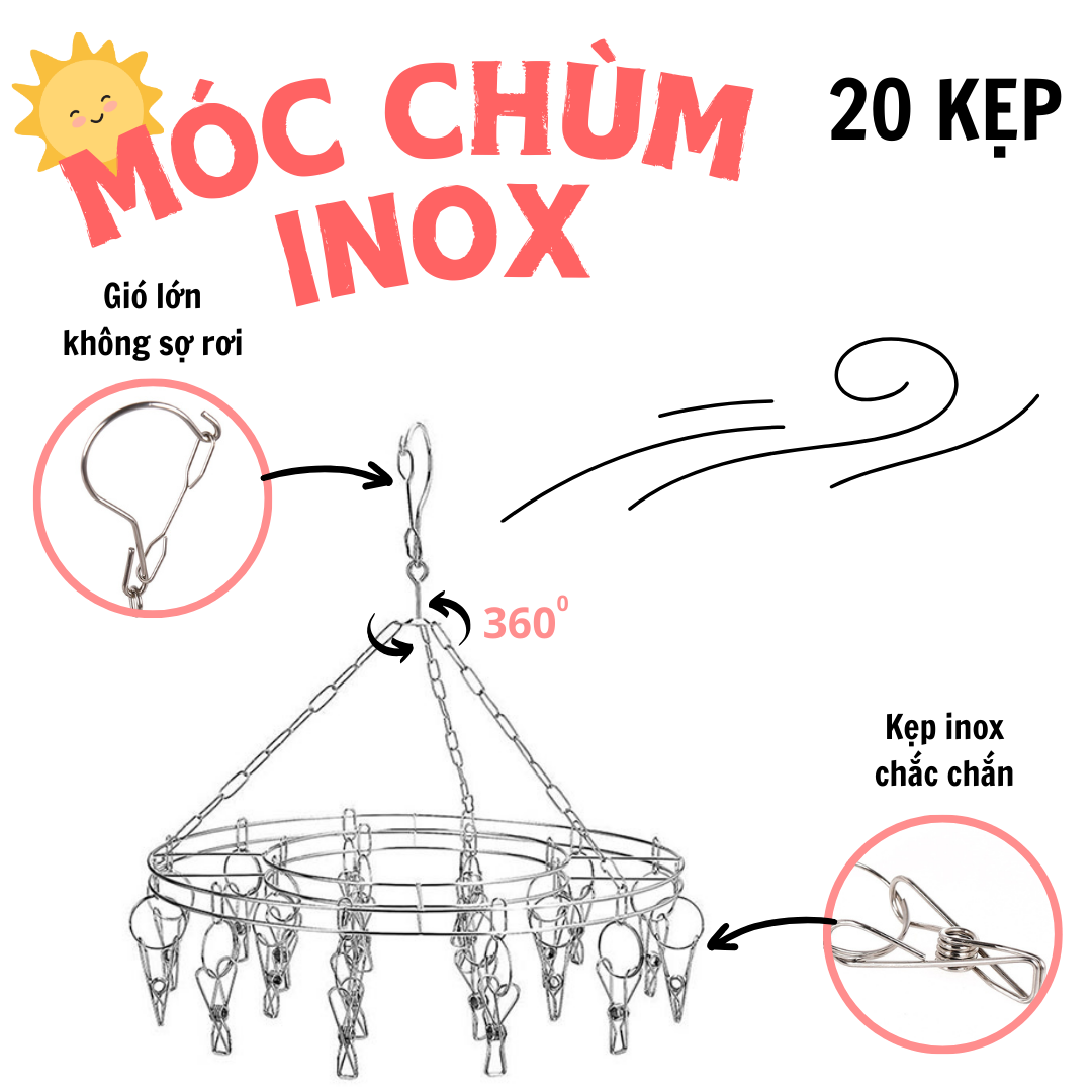 Hình ảnh Móc chùm, móc phơi đồ 20 cái kẹp inox không rỉ - Móc phơi đồ trẻ em treo được nhiều đồ - Chịu lực tốt