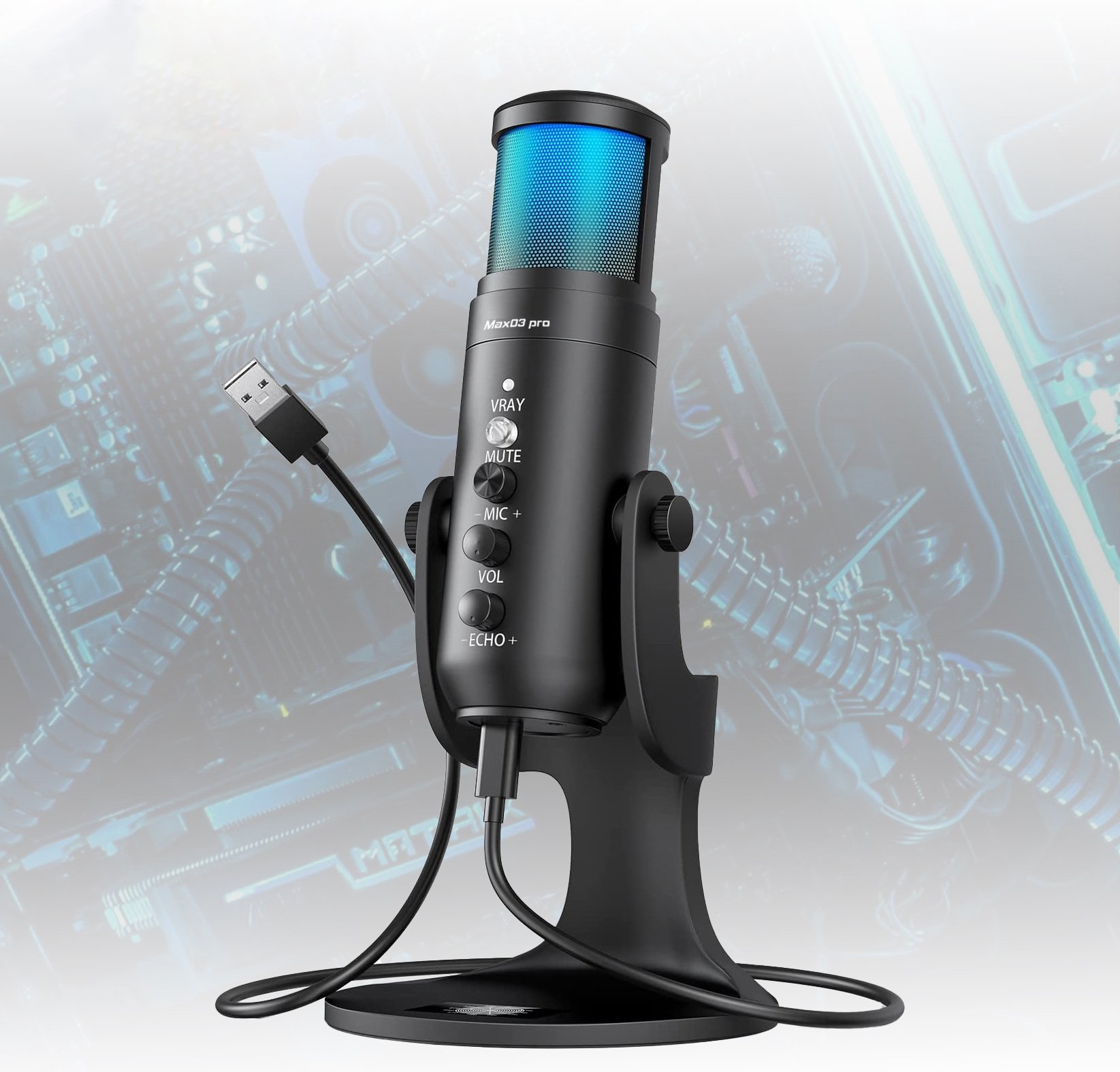 Micro thu âm Max-03 USB - Mic thu âm gaming có echo, cổng USB cho máy tính, laptop - Đèn led RGB 7 màu đặc sắc, cổng tai nghe 3.5mm, cảm biến tắt mở tiếng, xoay 360 độ dễ dàng - Hỗ trợ livestream, karaoke online, pk, gaming, Zoom online - Hàng nhập khẩu
