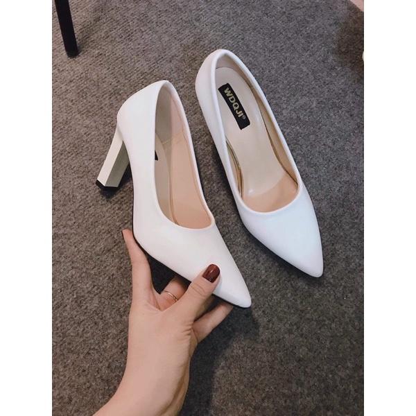 Giày cao gót nữ màu trắng gót vuông 7cm H83