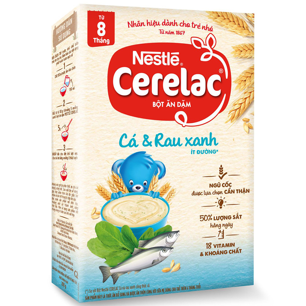 Bột ăn dặm Nestlé® CERELAC® CÁ VÀ RAU XANH hộp 200g (từ 8 tháng)