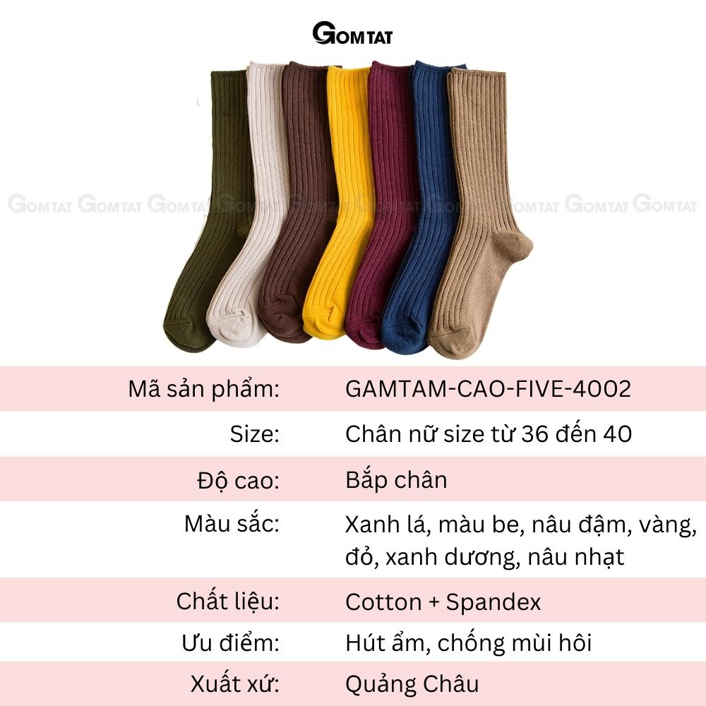 Tất nữ cổ cao GOMTAT trơn gân chìm nhiều màu, vớ cổ cao nữ chất liệu cotton mềm mịn thoáng mát, êm chân - GAMTAM-CAO-FIVE-4002