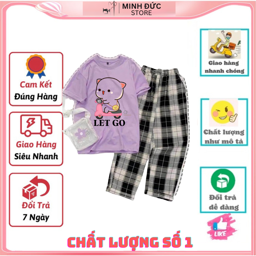 Sét Bộ Nữ SS12, Sét Đồ Nữ Đi Chơi Đẹp In Hình Mèo Đi Xe Dễ Thương, Sét Áo Vải Cotton, Và Quần Kẻ Màu Cá Tính - ÁO TRẮNG + Q.KẺ XANH