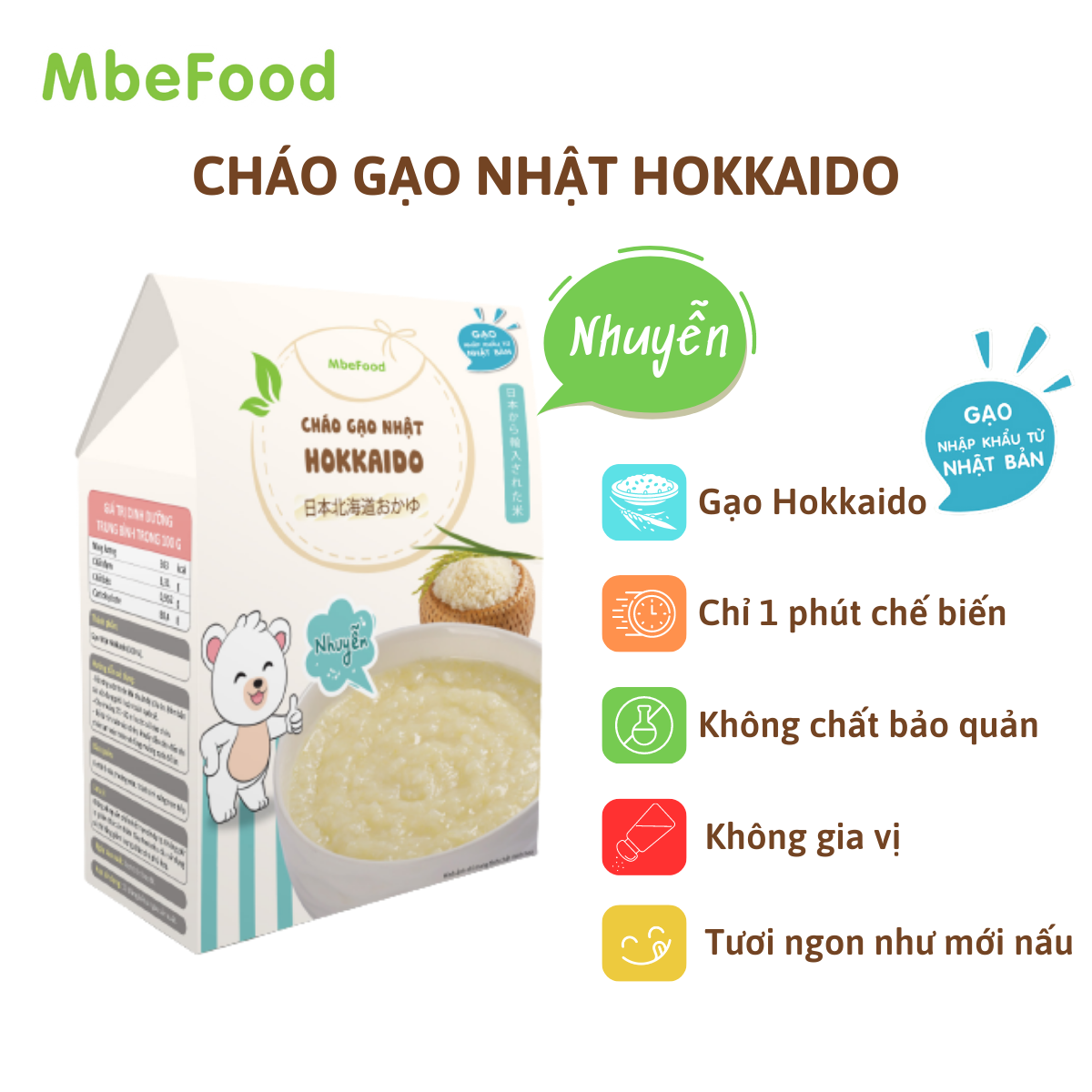 Cháo nhuyễn cho bé ăn dặm MbeFood Cháo gạo Nhật Hokkaido