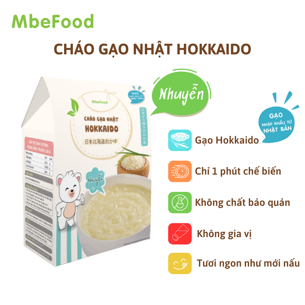 Cháo nhuyễn cho bé ăn dặm MbeFood Cháo gạo Nhật Hokkaido (Hộp 4 gói x 18g)