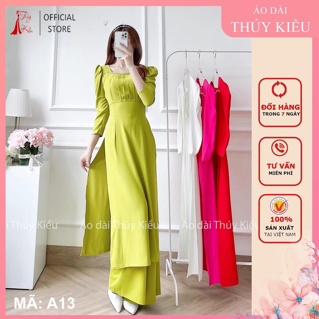 Áo Dài Cách Tân Nữ A13 Xanh Cốm Cổ Vuông Xếp Ly Tay Bồng Lụa Mỹ Cao Cấp Dự Tiệc Lễ Tết Đẹp