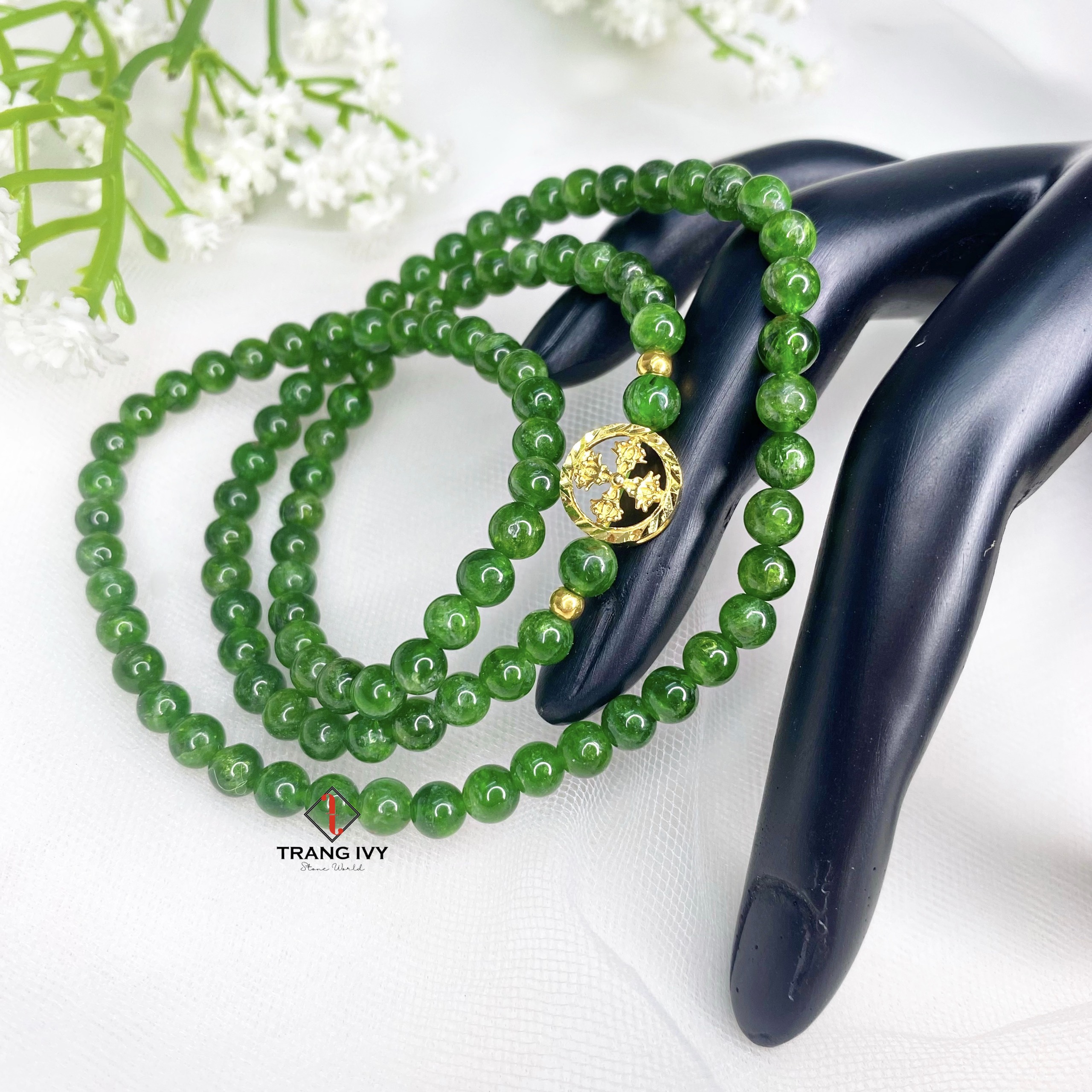 Vòng Tay Đá Diopside Mix Charm Pháp Luân Vàng