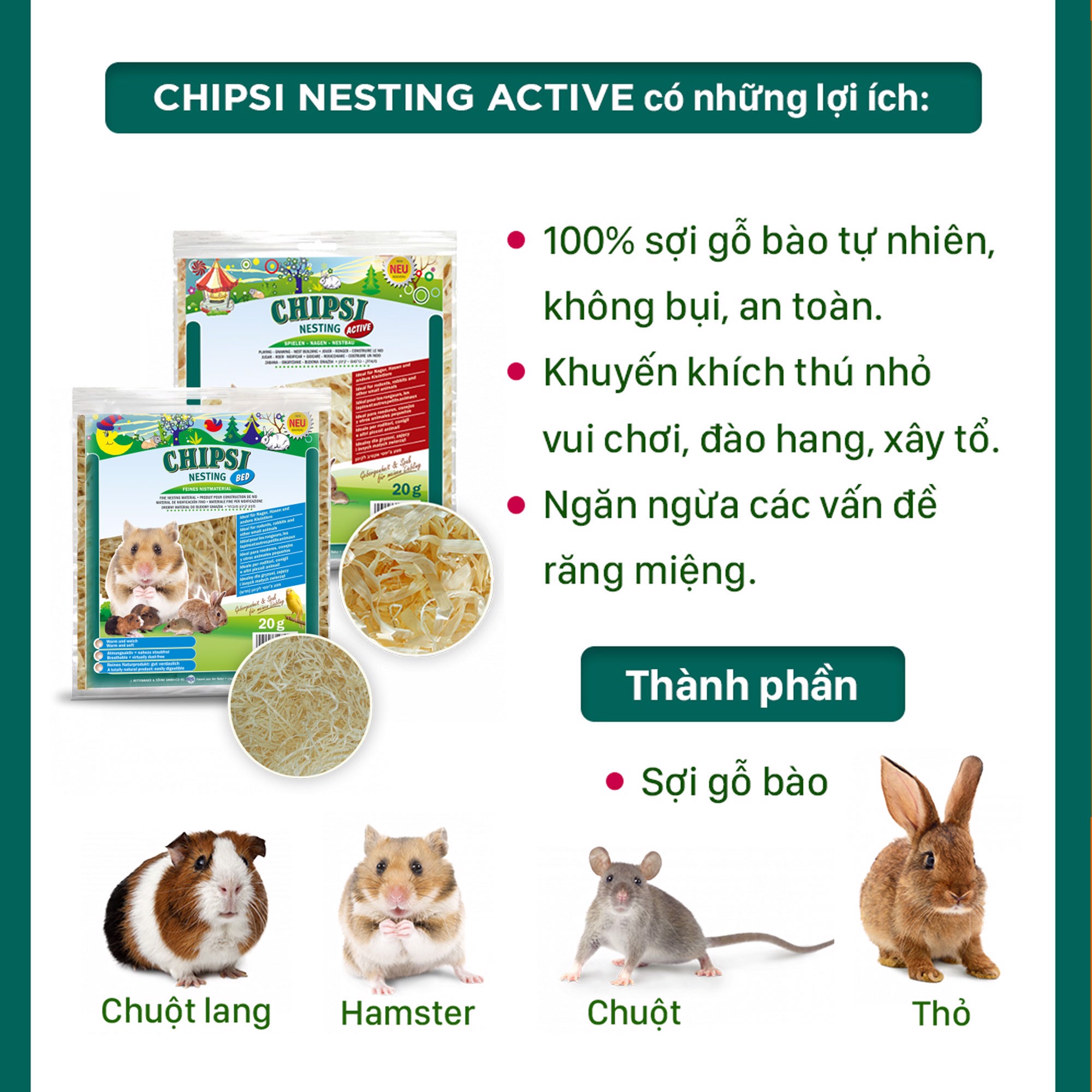 CHIPSI NESTING - Lót Chuồng Cho Hamster (Chuột/Chim/Bò sát/Sóc) | Vật liệu làm tổ cho thú cưng | 100% gỗ bào tự nhiên | Không bụi