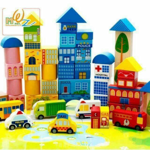 Đồ Chơi Xếp Hình Giao Thông Thành Phố Bằng Gỗ- Ghép hình sáng tạo gỗ- Đồ chơi gỗ có hộp