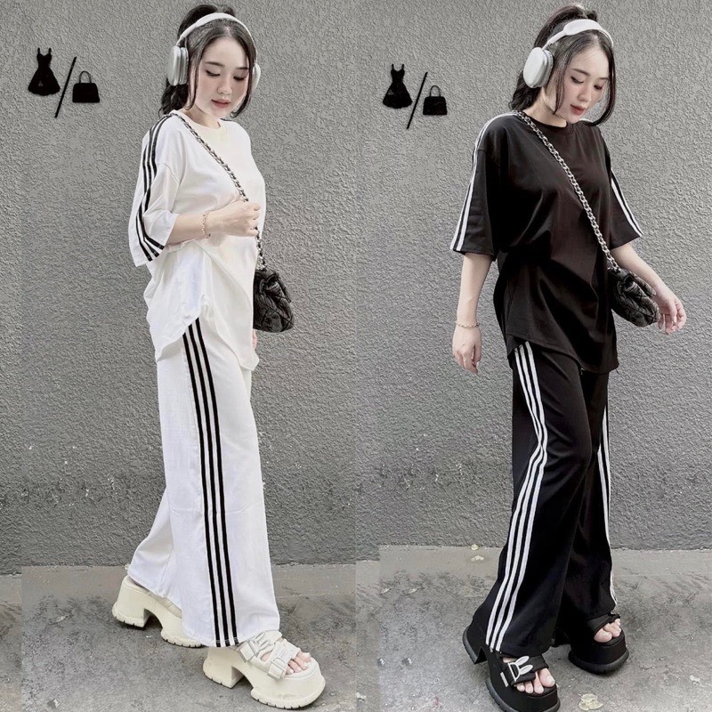 ĐỒ BỘ SET QUẦN THUN THỂ THAO DÀI ỐNG RỘNG LƯNG CAO ĐEN TRẮNG + ÁO SUÔNG TAY NGẮN ĐI BIỂN DẠO PHỐ ĐI CHƠI ĐI TIỆC