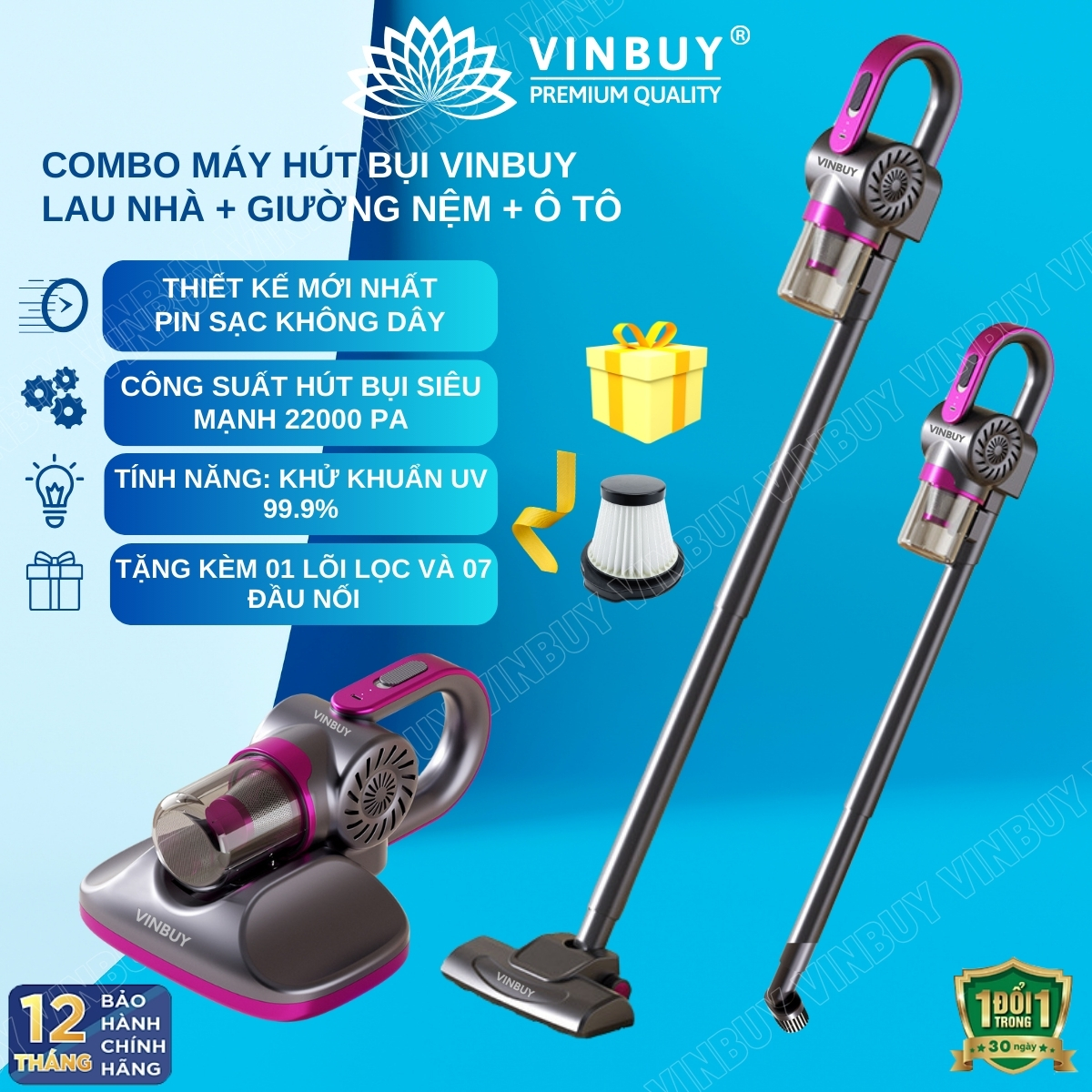 Máy hút bụi cầm tay không dây giường nệm lau nhà 5 trong 1, vacuum cleaner đa năng công suất mạnh 22000PA, hút bụi khô và ướt - Hàng chính hãng VINBUY