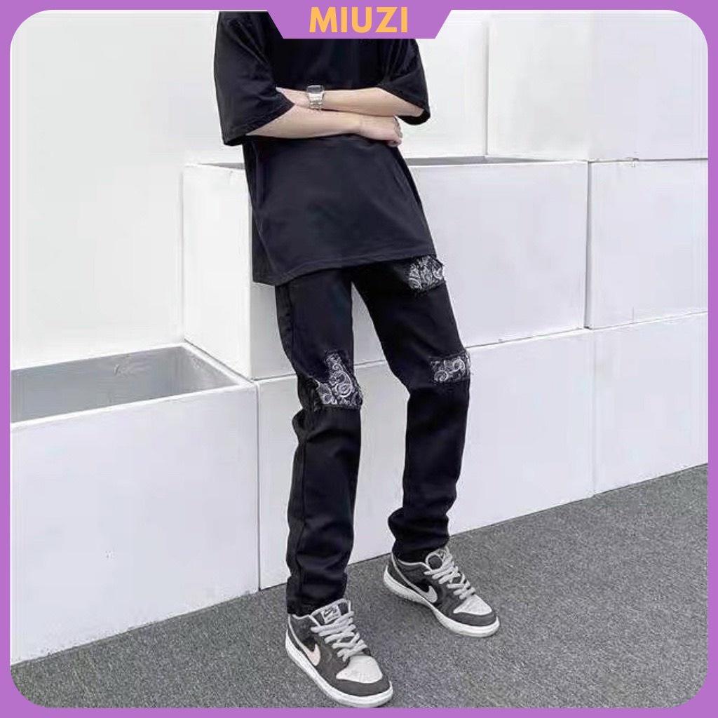 Quần jean nam rách gối họa tiết bandana,quần jean đen miuzi DT028
