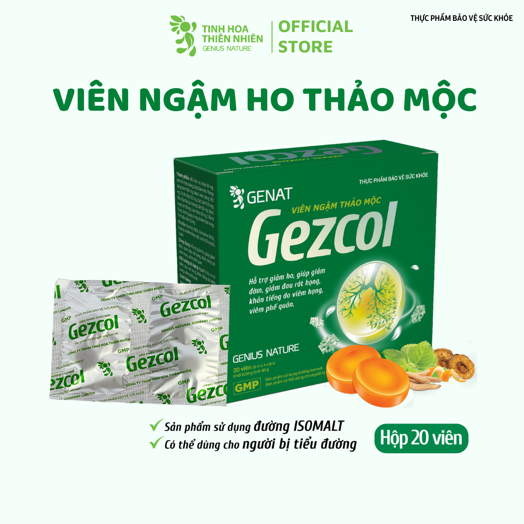 Viên ngậm thảo mộc Gezcol Hỗ trợ giảm ho, giảm đờm, giảm đau rát họng, khản tiếng (Hộp 20 viên)  - Genat - Giao 2H HCM