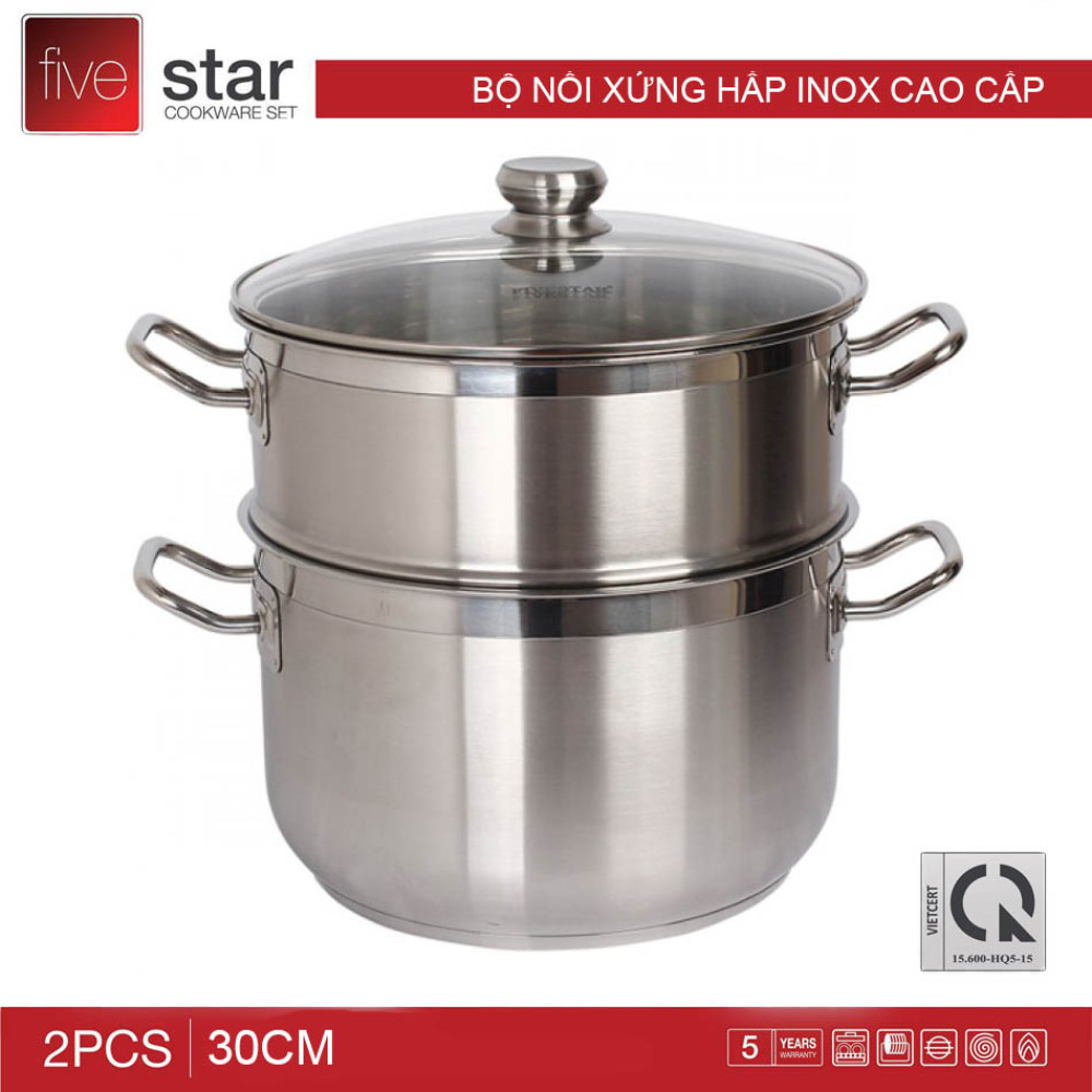 Bộ Nồi Xửng Hấp Fivestar 3 Đáy 26/28/30/32cm Chất Liệu Inox 430 Sáng Bóng, Bền Tốt, Ít Bị Oxy Hóa - Hàng Chính Hãng