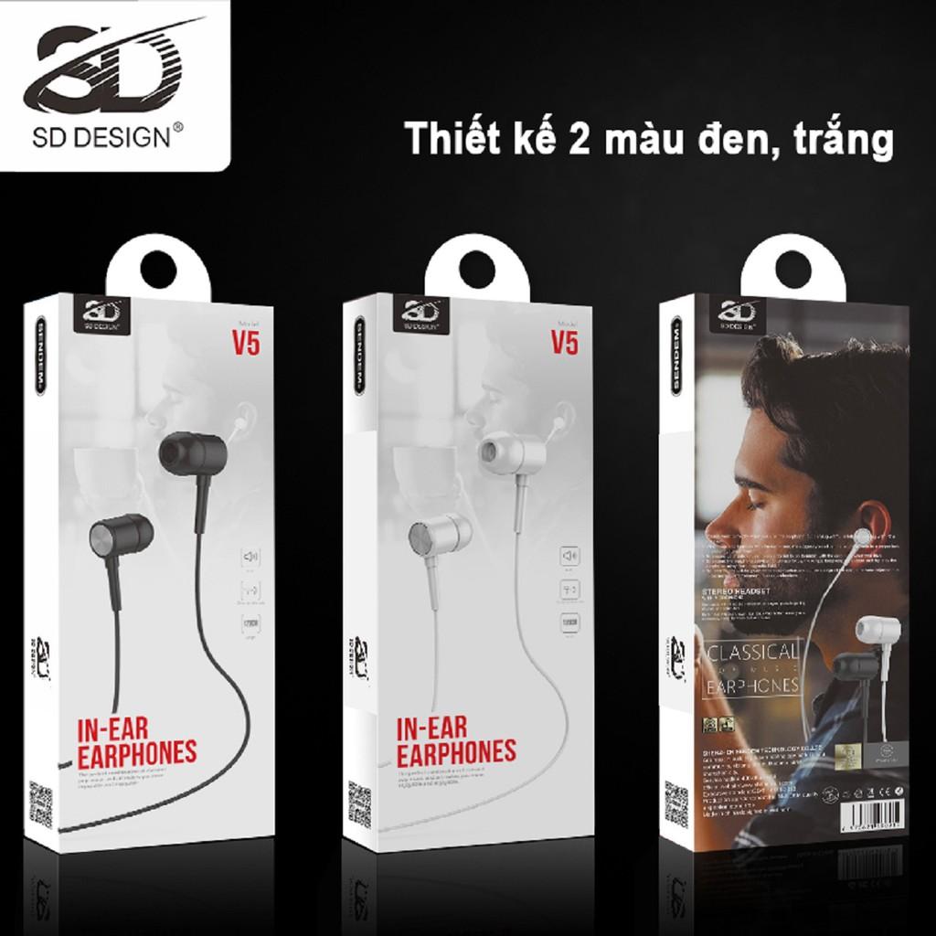 Tai Nghe Nhét Tai SD Design V5 Super Bass tương thích các dòng điện thoại jack 3.5mm, có mic bảo hành 1 đổi 1