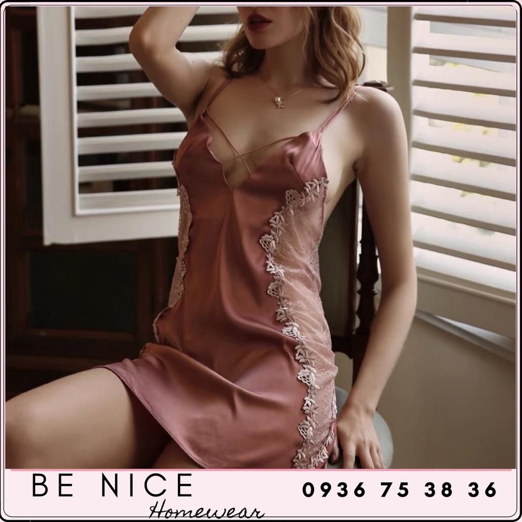 Váy lụa sexy phối ren hông hàng QC cao cấp, Be Nice Homewear