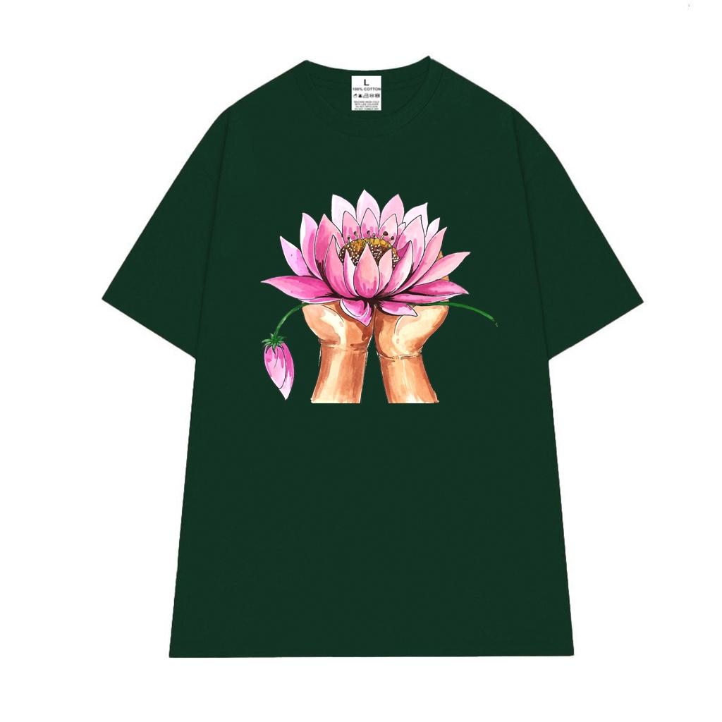 Cao cấp - Áo thun oversize hình vẽ màu nước đôi tay dâng hoa Sen lotus shirt BND553