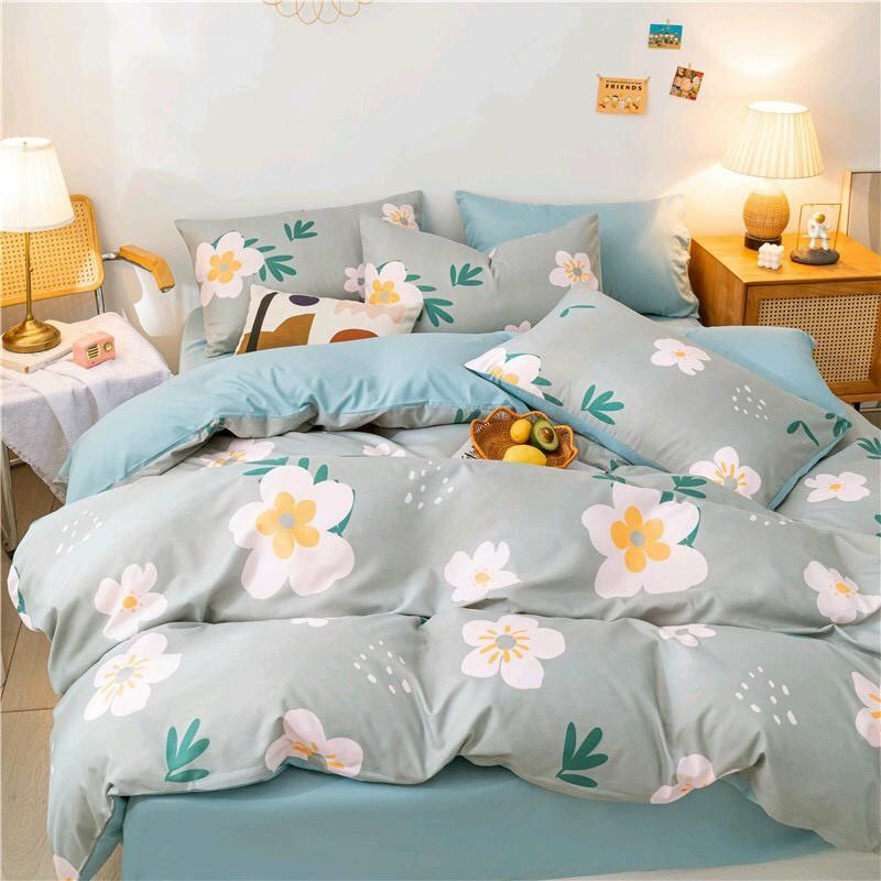 Bộ chăn ga Cotton Poly M2T bedding chăn ga Hàn Quốc Hoa trắng bạc đủ size miễn phí bo chun