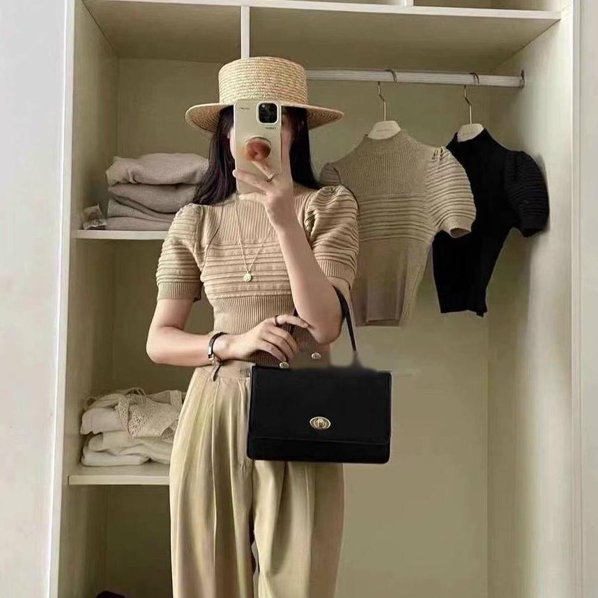 [L2M] Áo len nữ Montoghi dệt kim CỔ LỌ 3cm tay phồng sóng ngang hàng Quảng Châu phong cách và thanh lịch