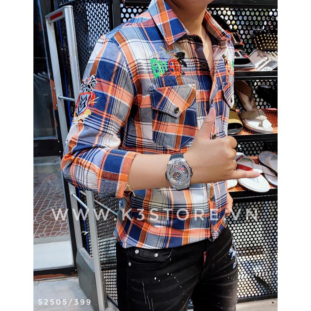 Áo sơ mi sọc tay dài nam caro cam xanh logo 2 túi áo sơ mi nam kẻ sọc hoạ tiết thêu full áo giá rẻ K3STORE s2505