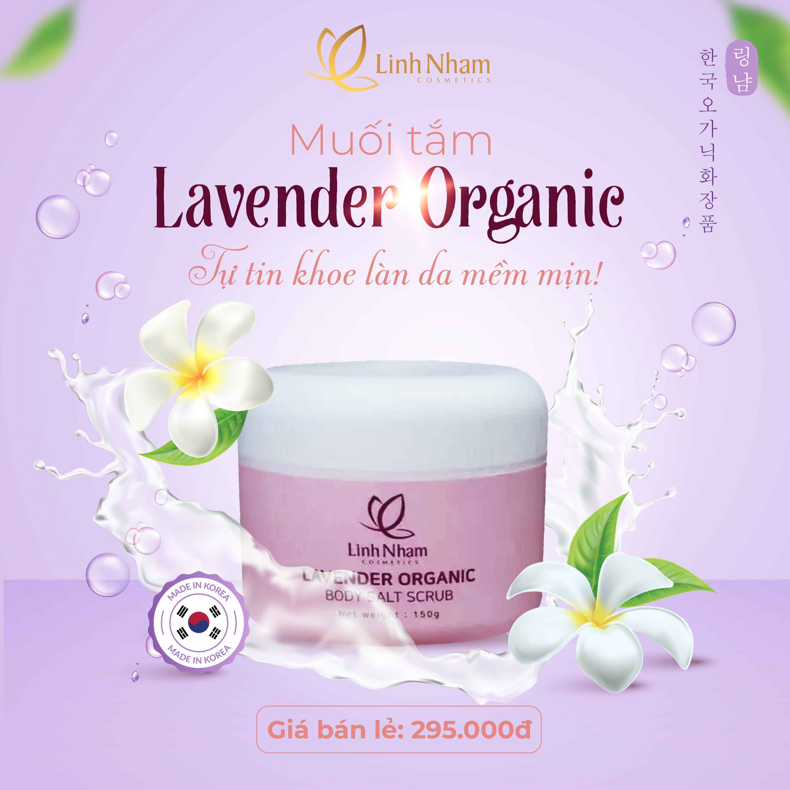 Muối Tắm Thảo Dược Thiên Nhiên Lavender Organic Linh Nhâm (LAVENDER ORGANIC BODY SALT SCRUB) 150g, tẩy tế bào chết, hỗ trợ điều trị mụn lưng, rôm sảy