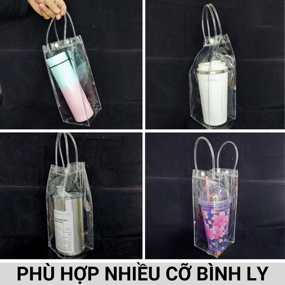 Túi đựng ly giữ nhiệt, túi đựng cốc giữ nhiệt trong suốt có quai cầm tiện dụng, nhựa PVC cao cấp