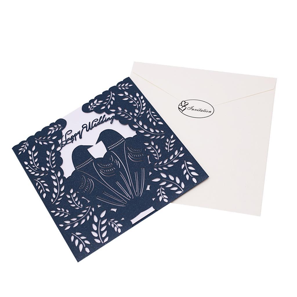 10 Sets Couple Birds Wedding Invitation Cards with Envelopes and Seals Blue