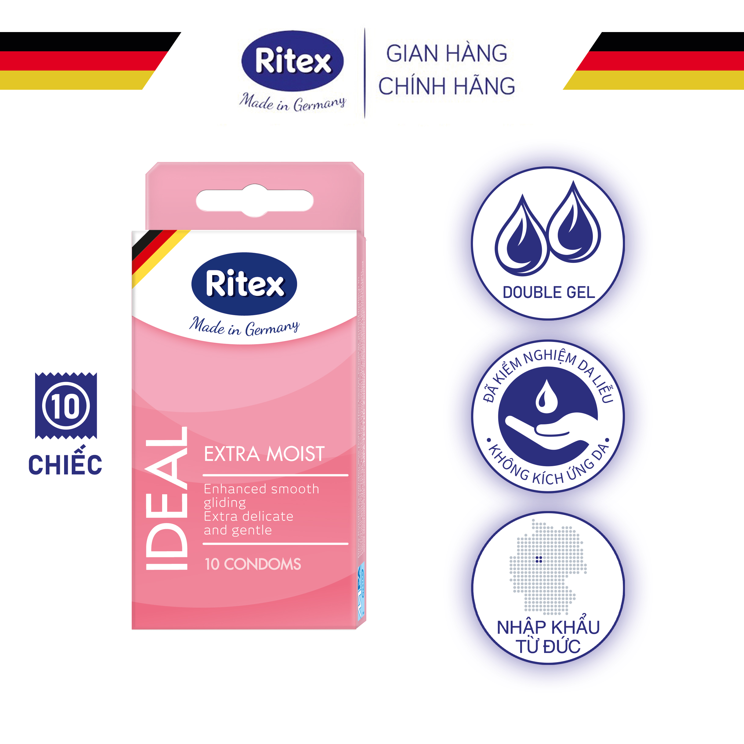 Bao cao su Ritex Ideal, siêu ẩm ướt, gấp đôi gel, hộp 10 chiếc