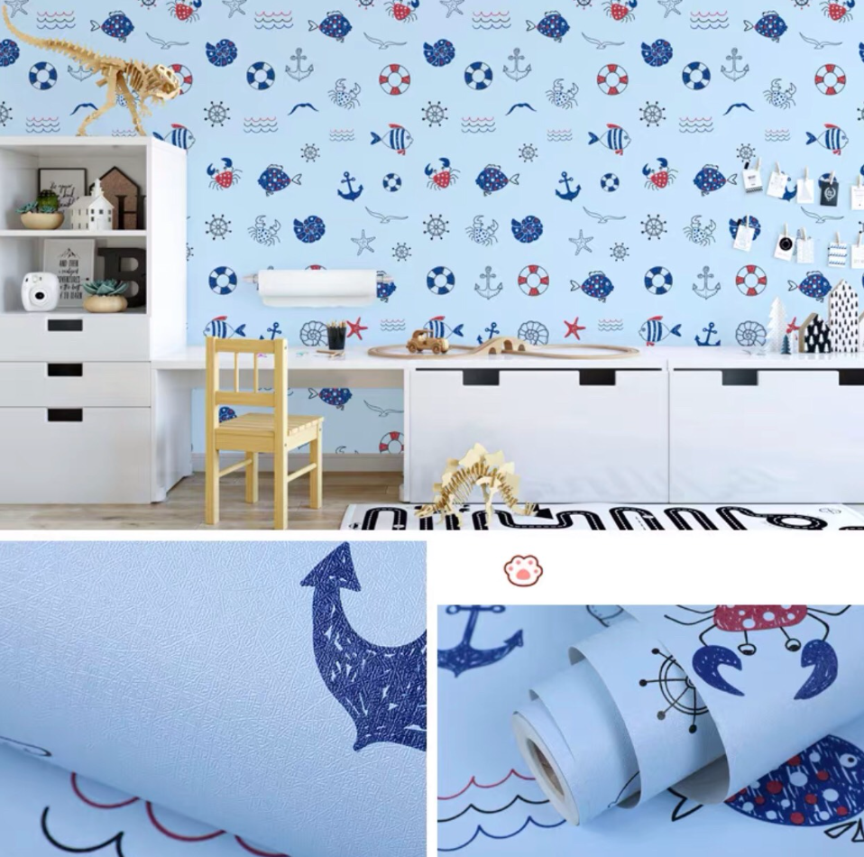 Combo 10 mét giấy dán tường, decal dán tường trang trí nhà cửa CUA VÀ CÁ XANH DƯƠNG khổ 45cm