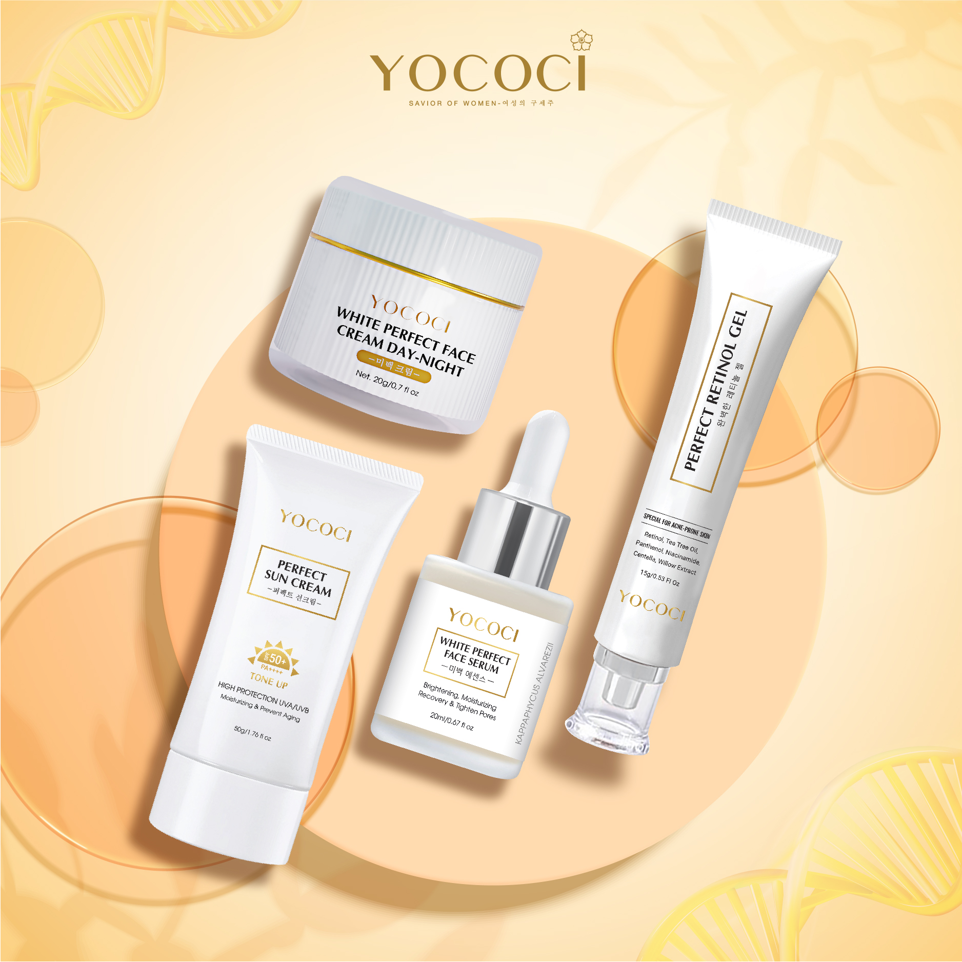 Bộ 4 sản phẩm Yococi (Kem Chống Nắng 50g + Kem Face 20g + Serum 20ml + Gel Chấm Mụn 15g )