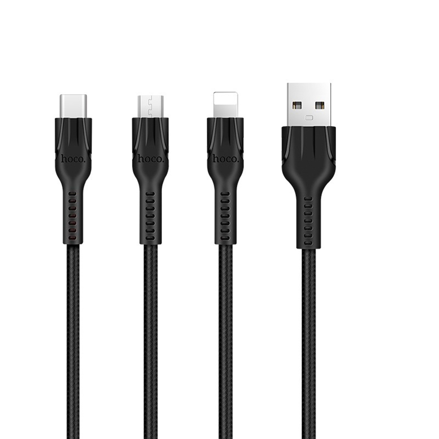 Cáp sạc đa năng 3 cổng sạc (Lightning + Micro USB + Type C) Hoco sạc được cùng lúc nhiều thiết bị, dây cáp bọc dù, chống đứt, chống rối, chống gãy gập dành cho điện IOS và Android dài 120cm, U31 - Hàng chính hãng