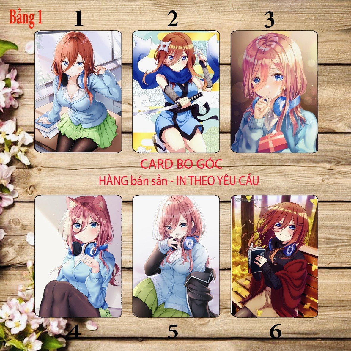 Card bo góc Nakano Miku 6 ảnh khác nhau/ Thẻ card Nakano Miku Gotoubun no Hanayome nhà có 5 nàng dâu