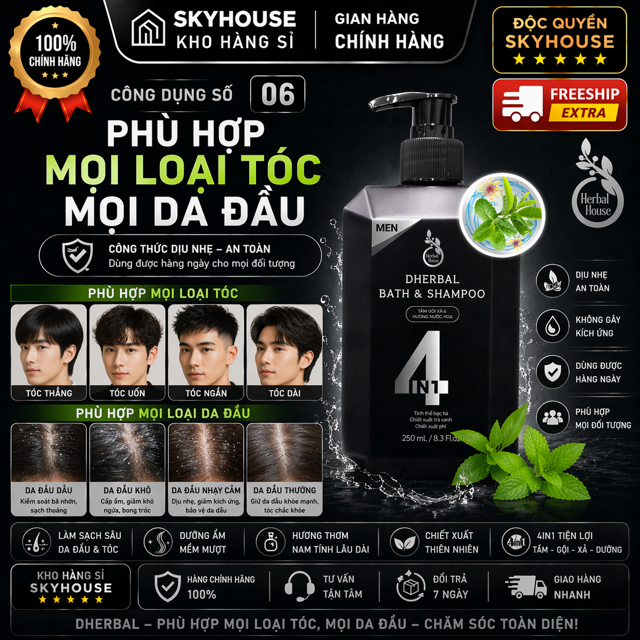 Dầu gội thảo dược thiên nhiên 4in1 tinh chất bạc hà độc quyền DHERBAL chai 250ml dầu gội trị gàu mọc tóc chính hãng
