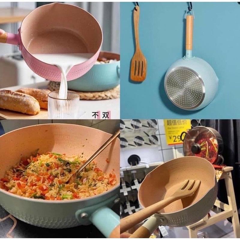 CHẢO SÂU LÒNG CERAMIC LÚA MẠCH  CÓ TAY CẦM CÁN GỖ CHÓNG BỎNG