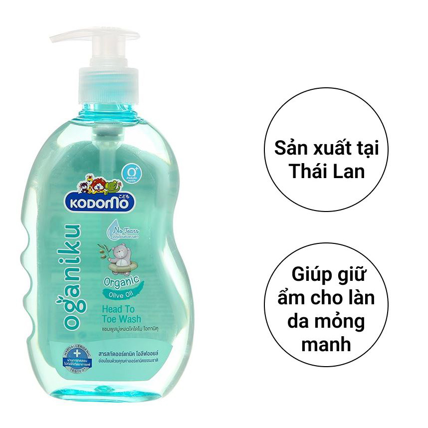Dầu tắm &amp; gội Kodomo Oganiku 400ml - Cho bé từ 0+ Không có cồn, Không chất tạo mùi, không gây dị ứng, Không cay mắt