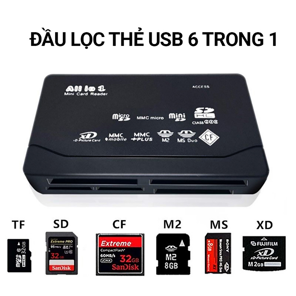 Đầu Đọc Thẻ Nhớ đa năng 6 trong 1 - Multi Card Reader All In One 6 in 1 dùng cho máy ảnh, máy quay, máy tính để đọc và sao chép dữ liệu
