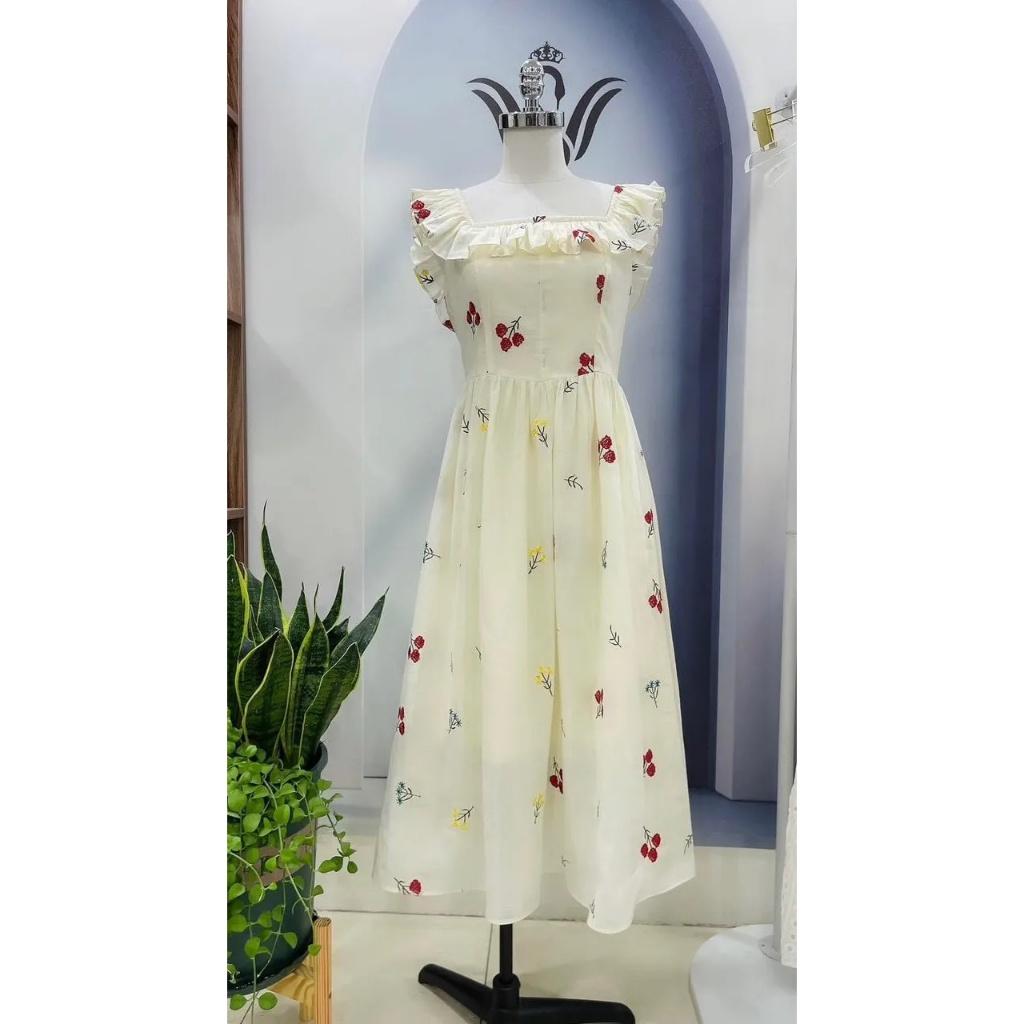 Đầm 2 dây bèo dáng dài họa tiết hoa nhí cổ vuông xinh xắn