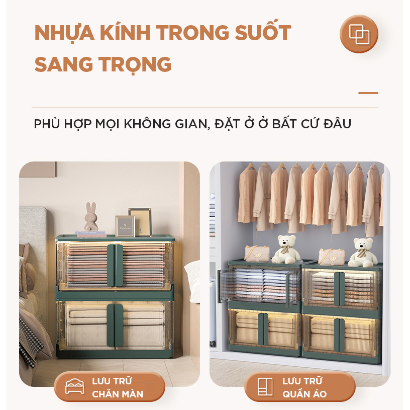 Hộp Đựng Đồ Lớn, Tủ Đựng Đồ 2 Cửa Đựng Quần Áo Sách Đồ Chơi Đa Năng Trong Suốt Nhựa Gấp Gọn (45L & 95L)