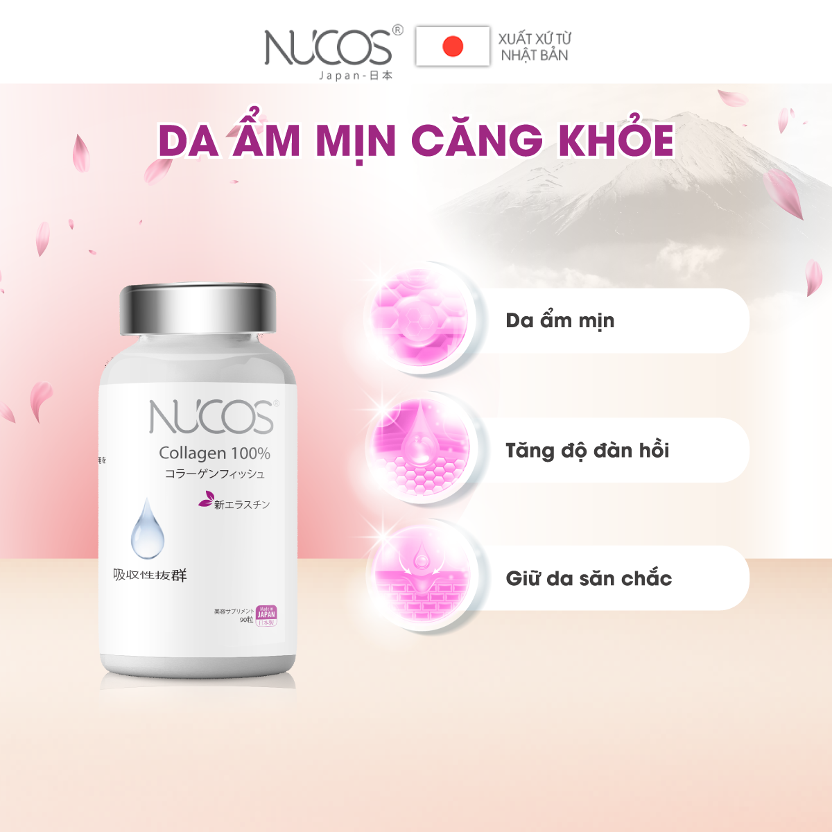 Viên uống collagen trẻ hóa da tăng đàn hồi Nucos collagen 100% 90 viên