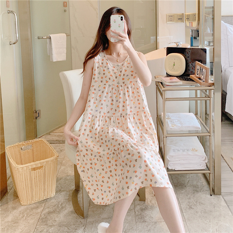 Váy đầm ngủ mặc ba lỗ chất vải Cotton lụa tự nhiên thoáng mát mềm mịn dáng chữ A rộng rãi mã VAV0251