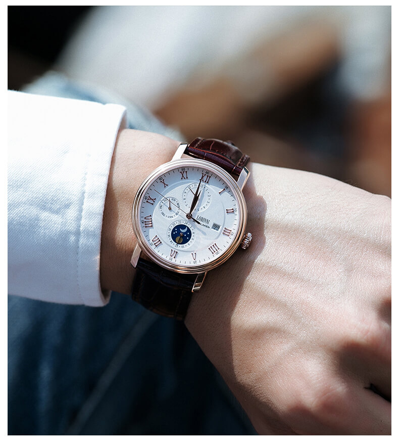 Đồng hồ nam chính hãng LOBINNI L1023-8 Fullbox, Kính sapphire ,chống xước,chống nước,vỏ vàng hồng,dây kim loại thép không gỉ 316L, máy cơ , Mới 100%,Bảo hành 24 tháng