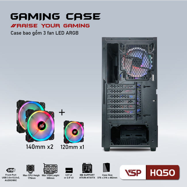 Vỏ máy tính Case VSP HQ50 sẵn 3 Fan LED ARGB Gaming Kính cường lực - Hàng chính hãng Tech Vision phân phối